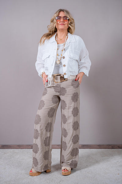 Leinenhose mit Blumen-Stickerei, taupe