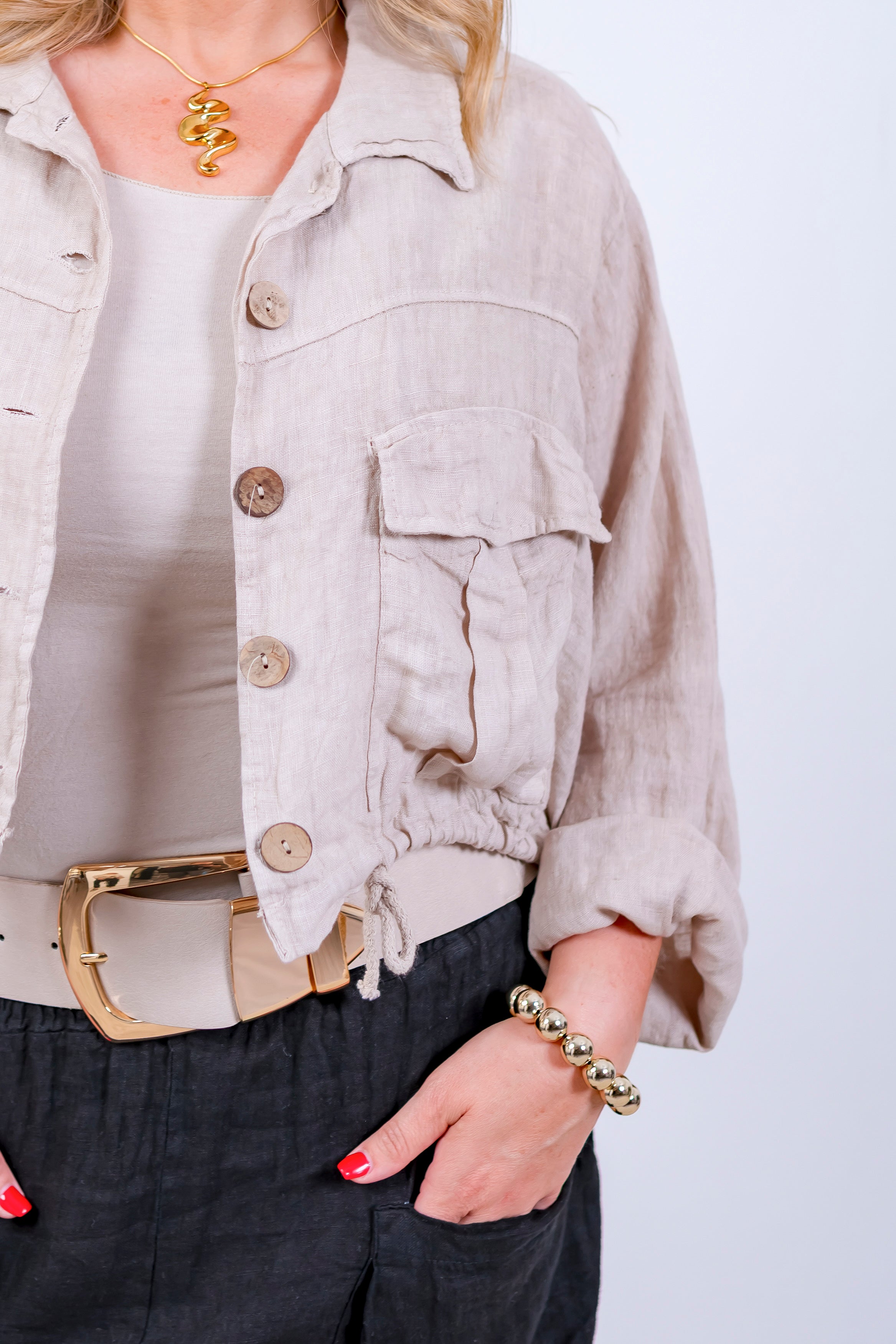 Leinen-Jacke mit Kordelzug, beige