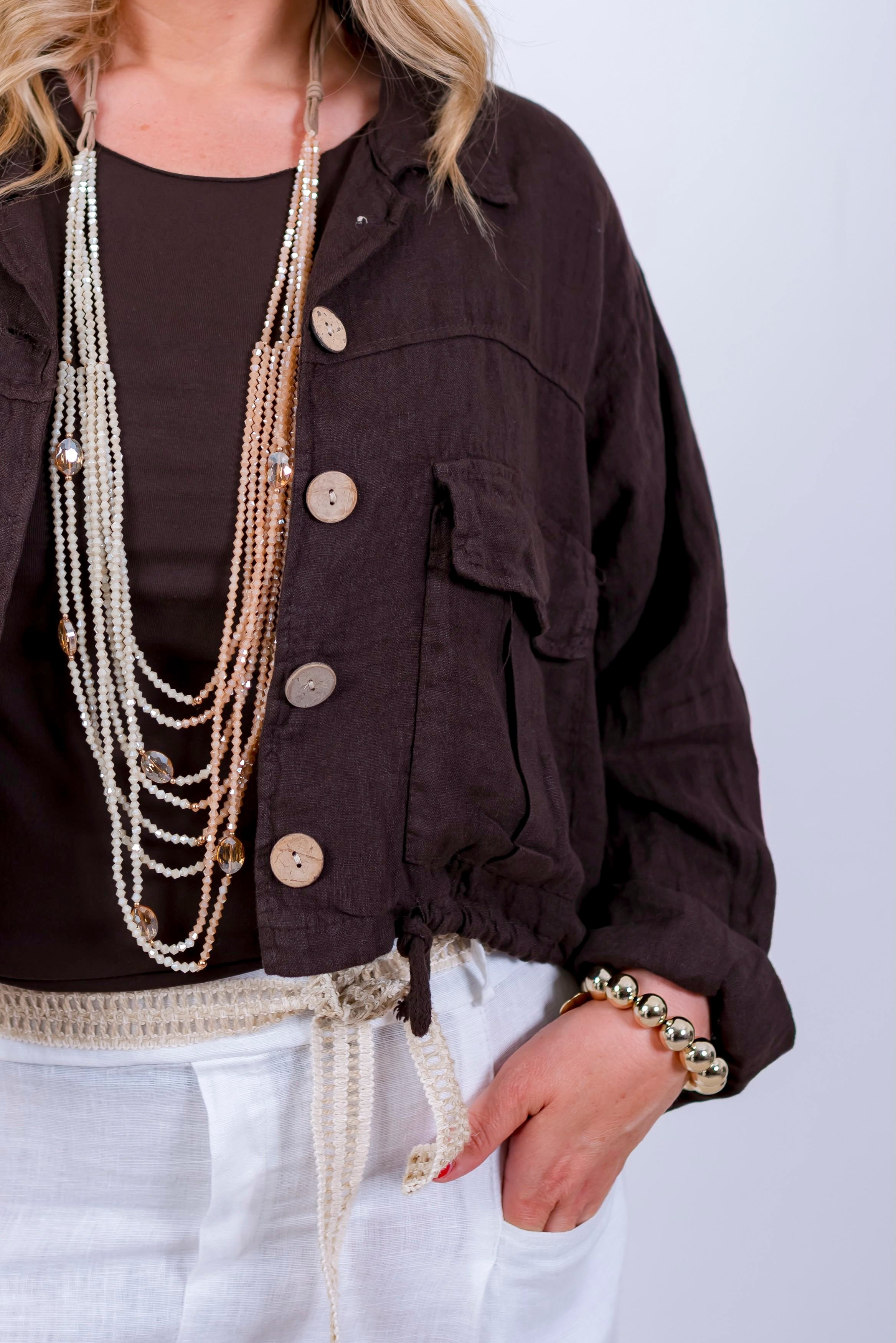 Leinen-Jacke mit Kordelzug, schokobraun