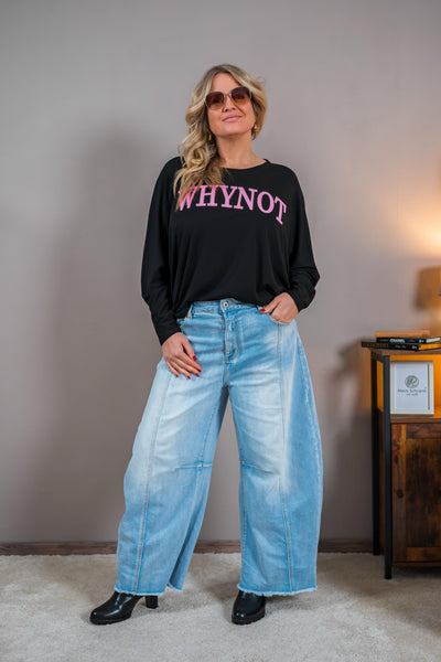 Oversize Shirt WHY NOT in Schwarz mit pinkem Statement Print