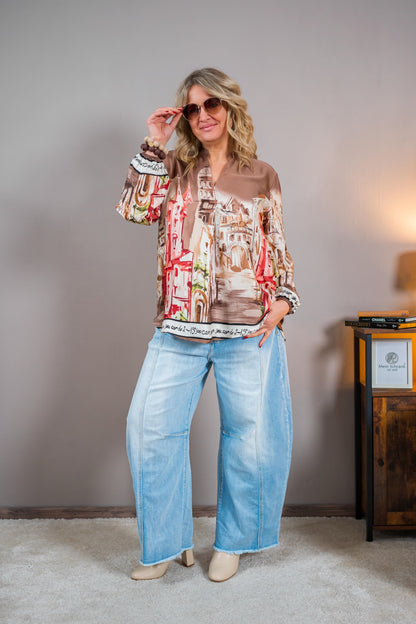 Viskosebluse mit City-Print, beige