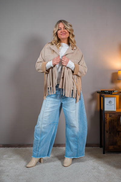 Stylische Jacke in Wildleder-Optik mit Fransen, beige