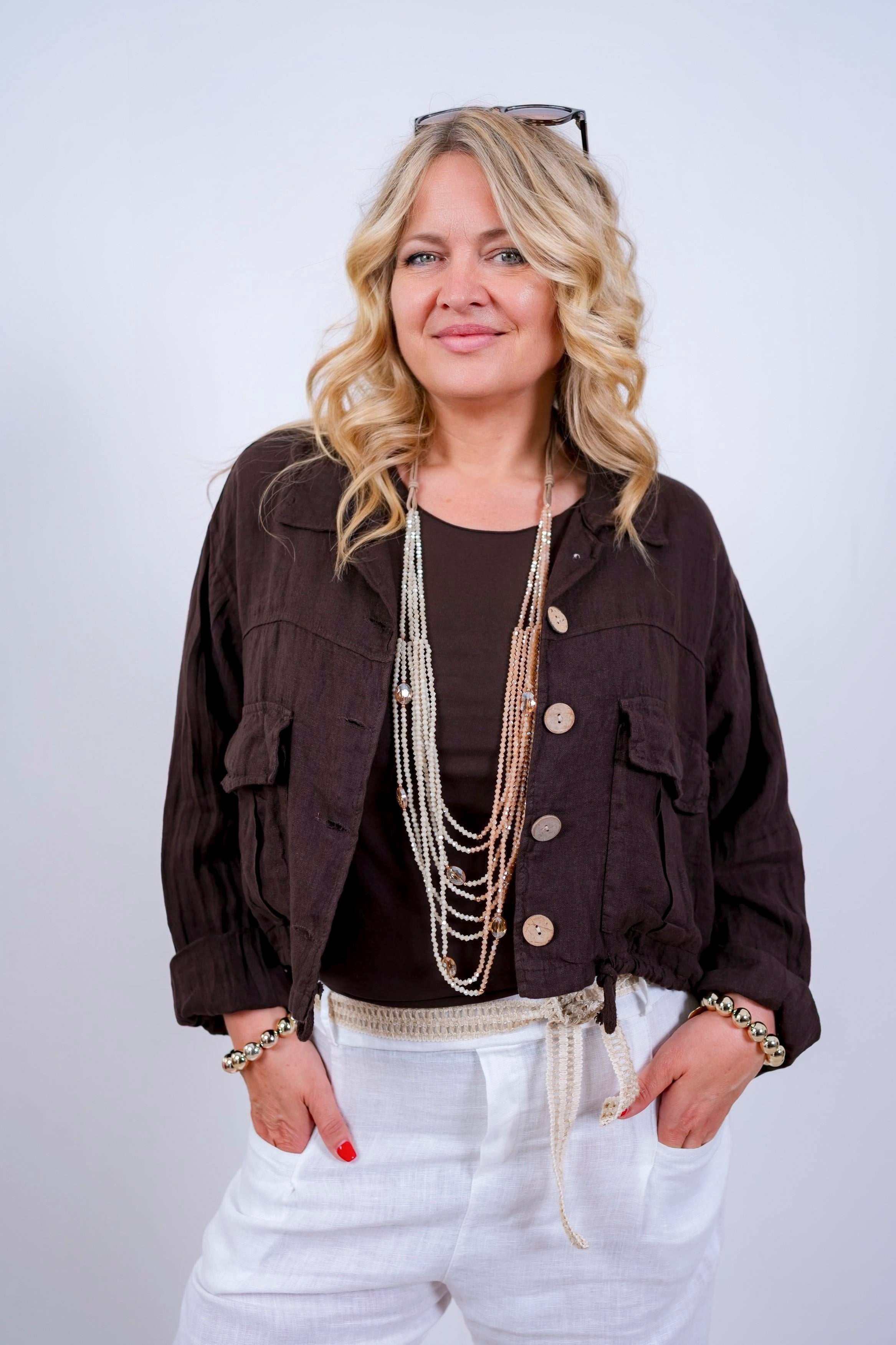 Leinen-Jacke mit Kordelzug, schokobraun