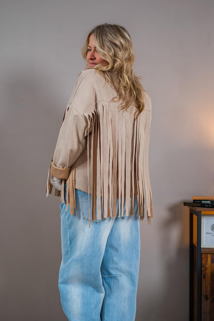 Stylische Jacke in Wildleder-Optik mit Fransen, beige