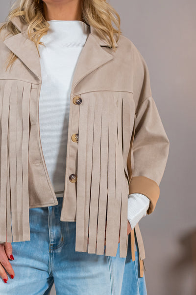 Stylische Jacke in Wildleder-Optik mit Fransen, beige