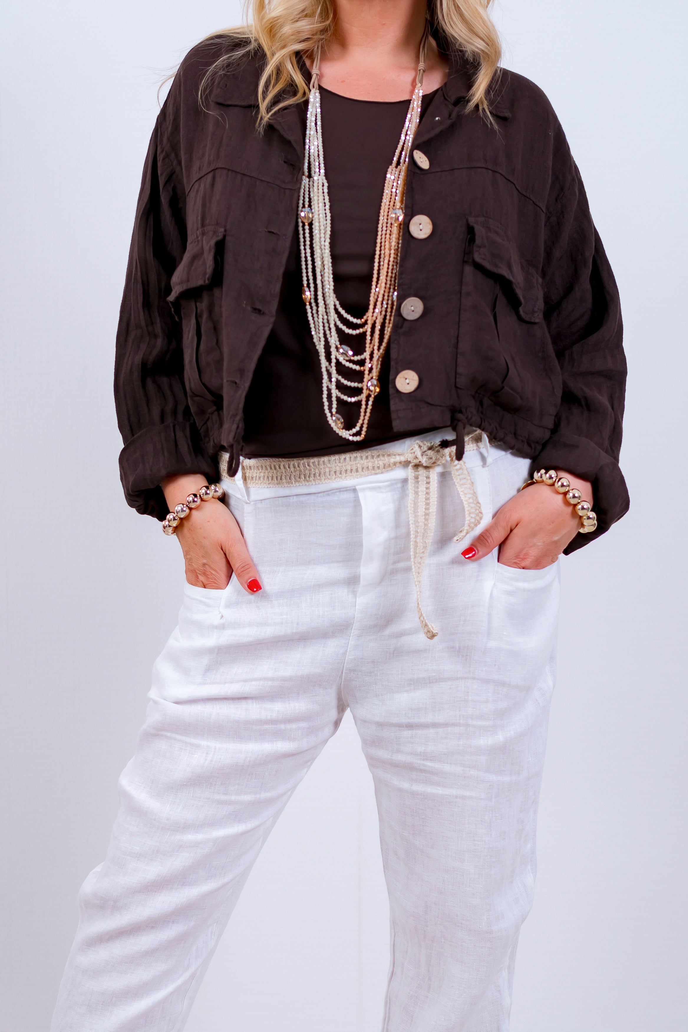 Leinen-Jacke mit Kordelzug, schokobraun