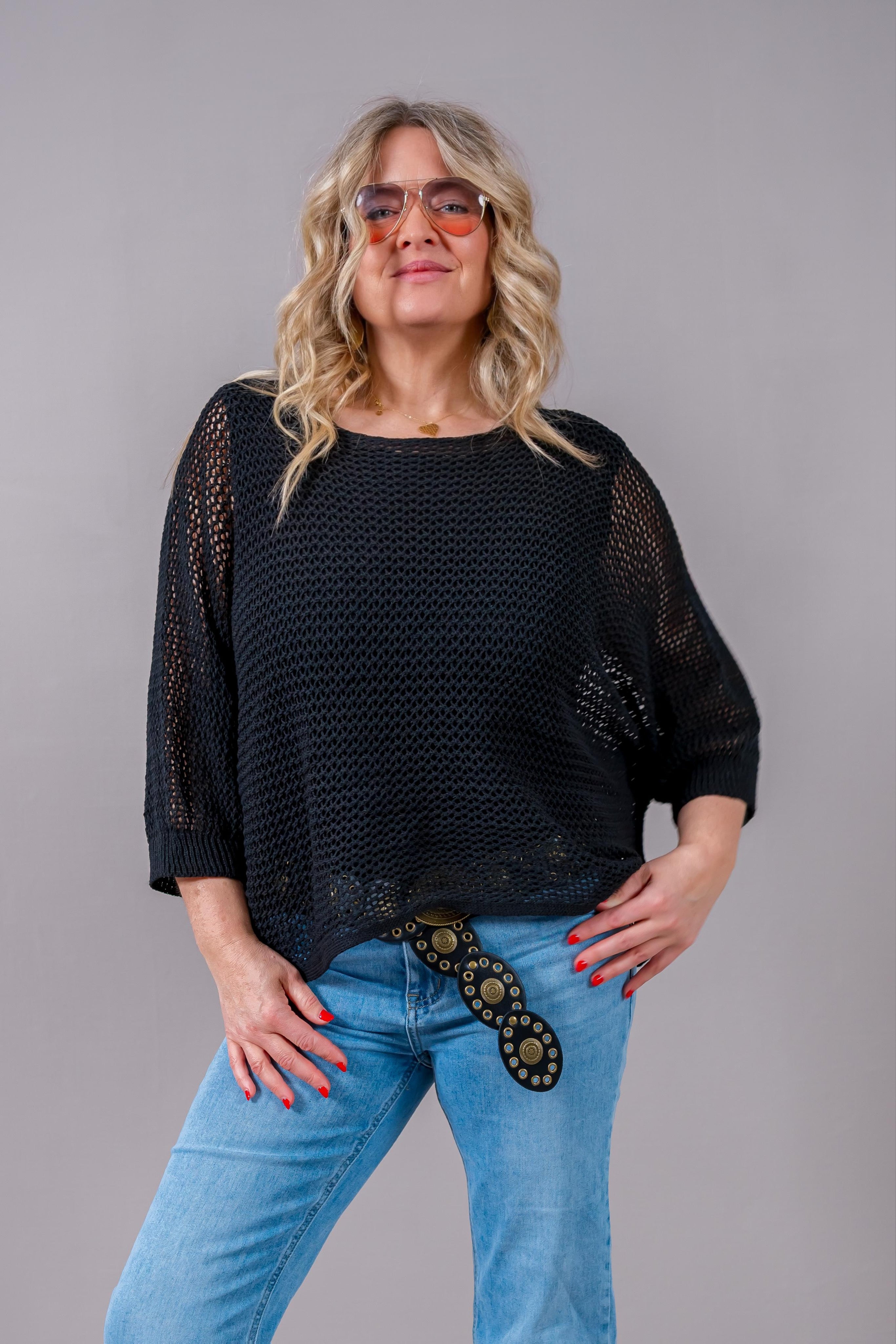 Lochstrick-Pullover mit elegantem Raffband, schwarz