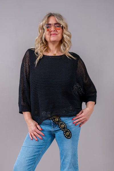 Lochstrick-Pullover mit elegantem Raffband, schwarz