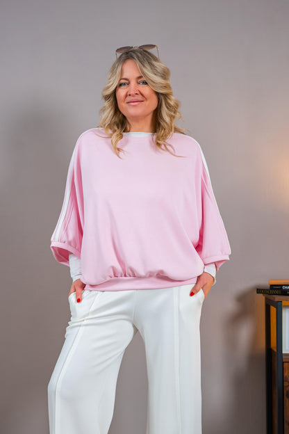 Sweatshirt mit Fledermausärmeln und Streifen-Detail, rosa