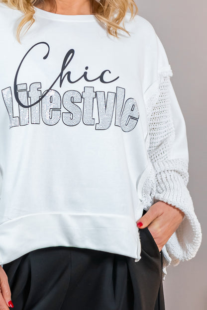 Sweatshirt mit Statement-Print und Strickärmeln, weiß
