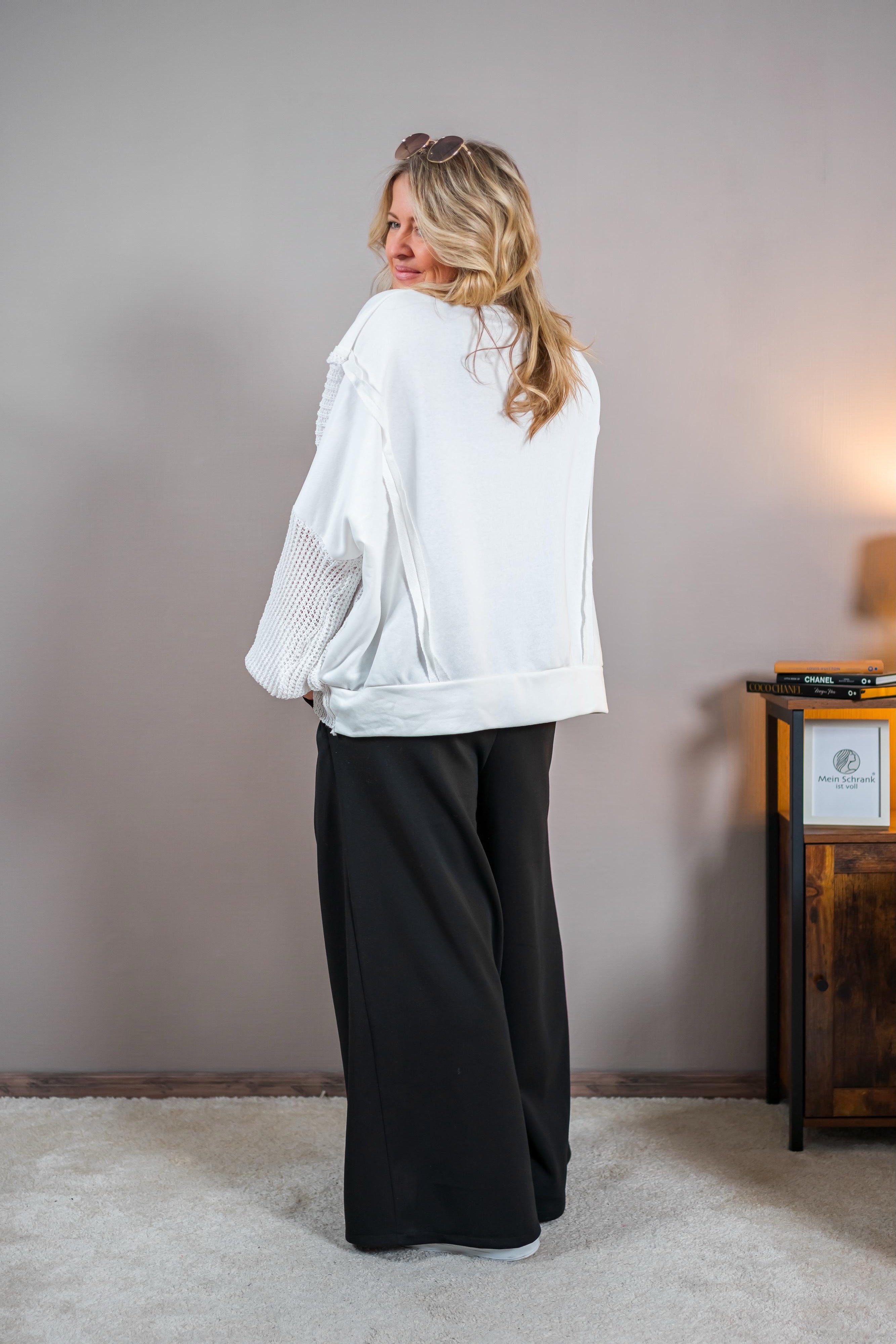 Sweatshirt mit Statement-Print und Strickärmeln, weiß