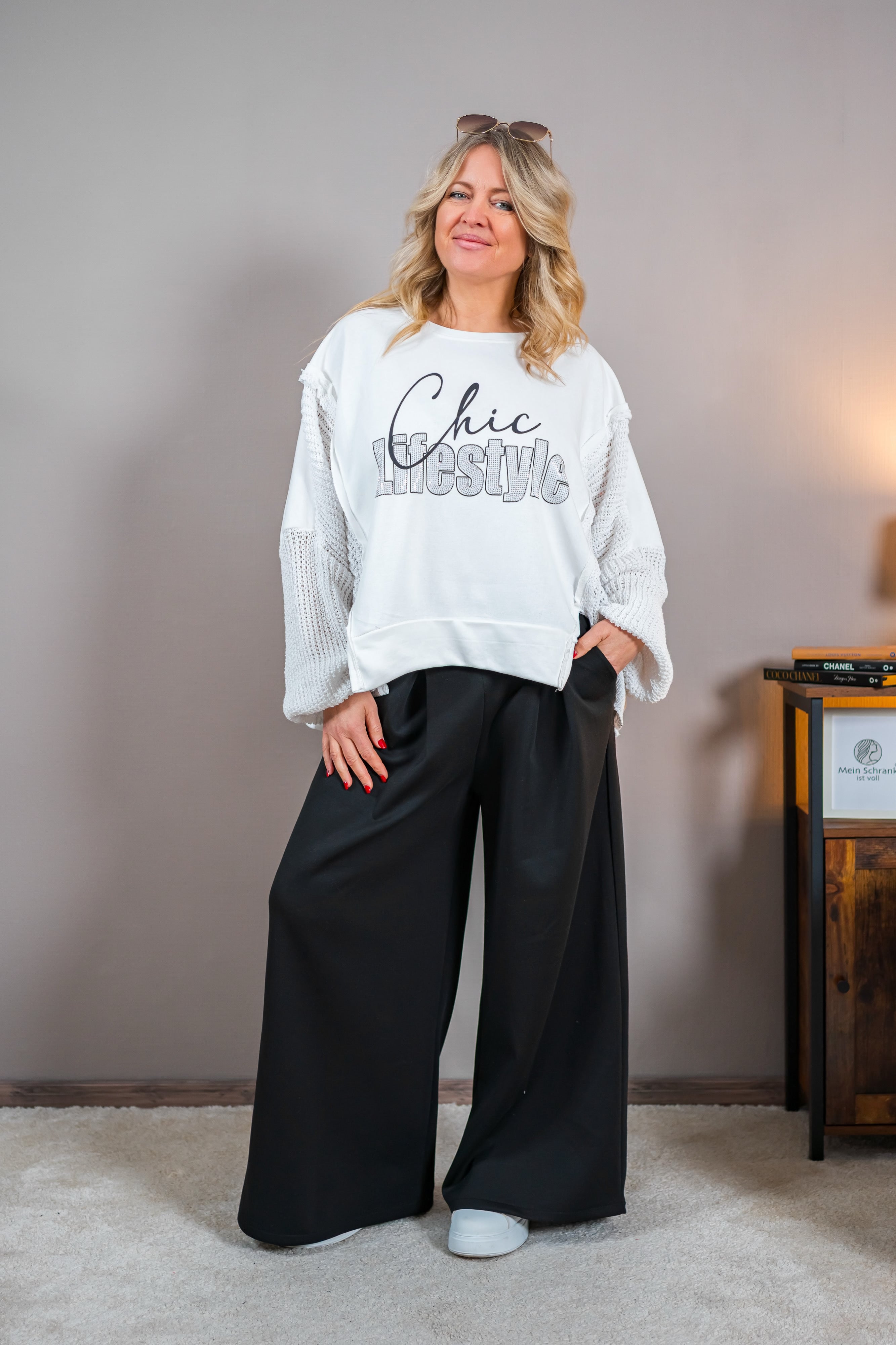 Sweatshirt mit Statement-Print und Strickärmeln, weiß