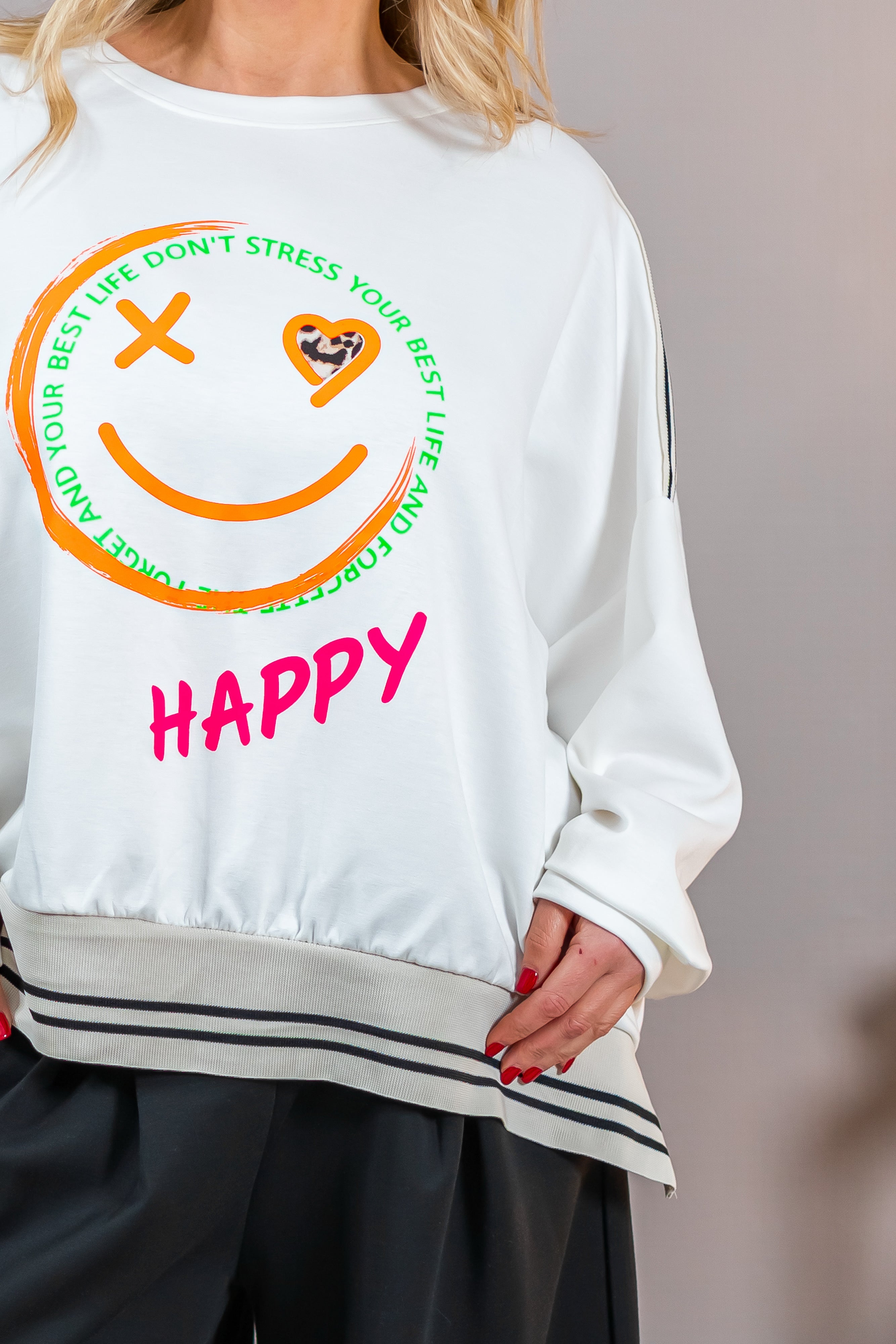 Oversize Sweatshirt mit Smiley-Motiv, weiß/bunt