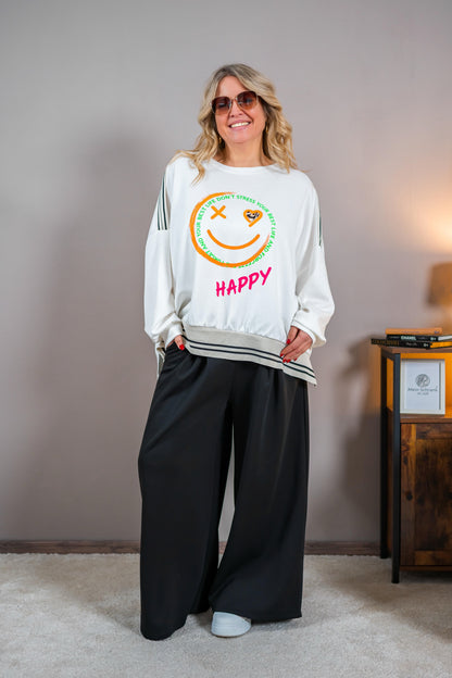 Oversize Sweatshirt mit Smiley-Motiv, weiß/bunt