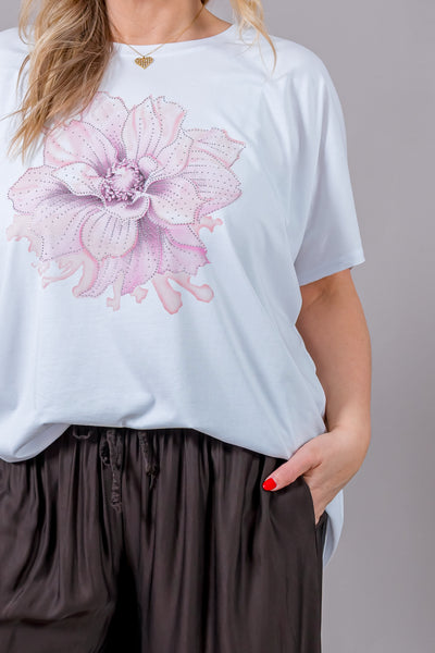 Oversize Shirt 'Pink Blossom', weiß