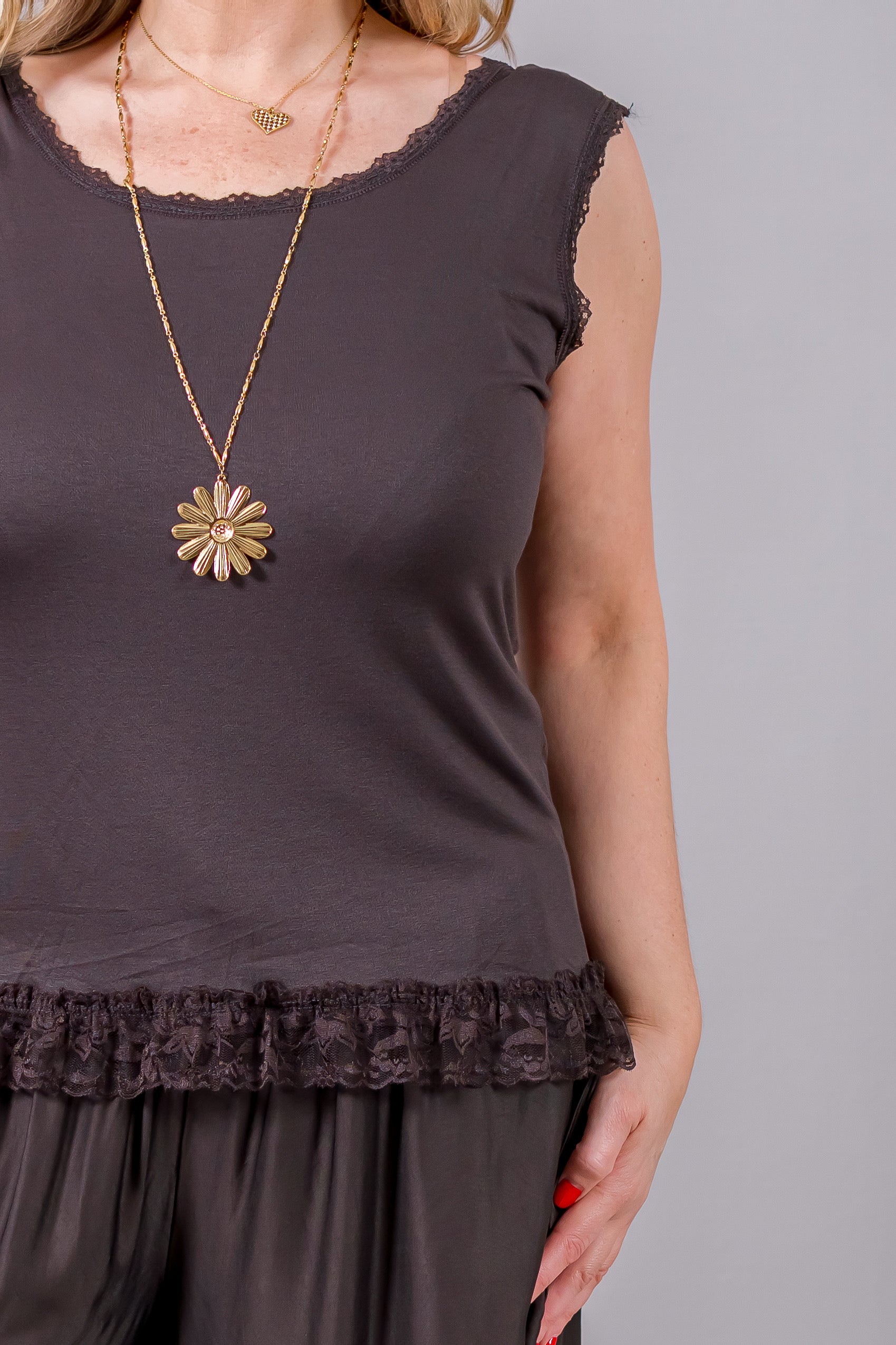 Basic-Top mit Spitze, schokobraun