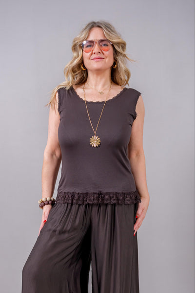 Basic-Top mit Spitze, schokobraun