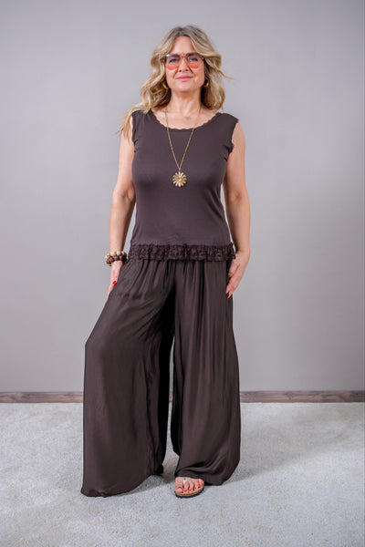 Basic-Top mit Spitze, schokobraun