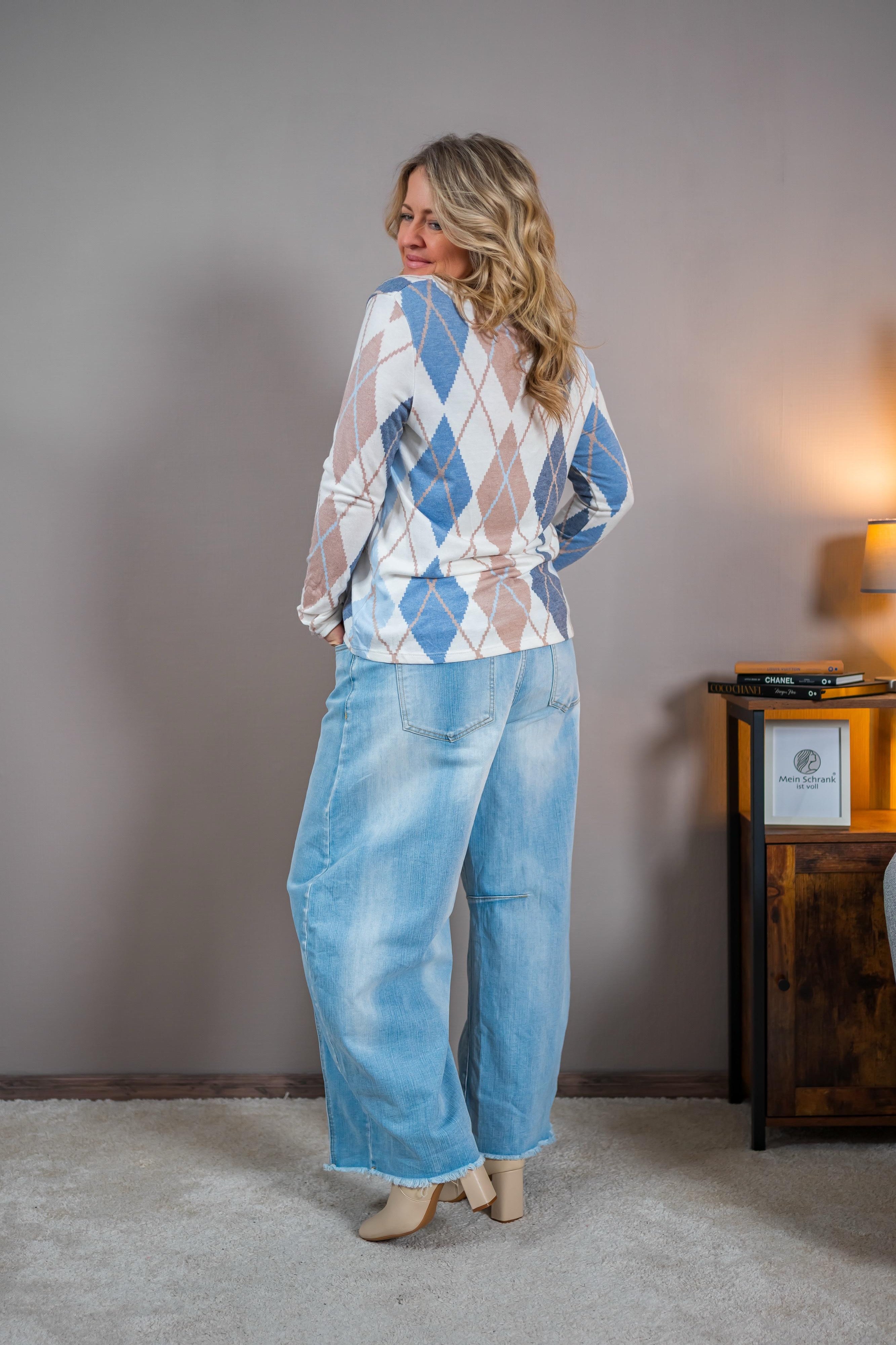 Longsleeve mit Rautenmuster, creme/taupe/blau