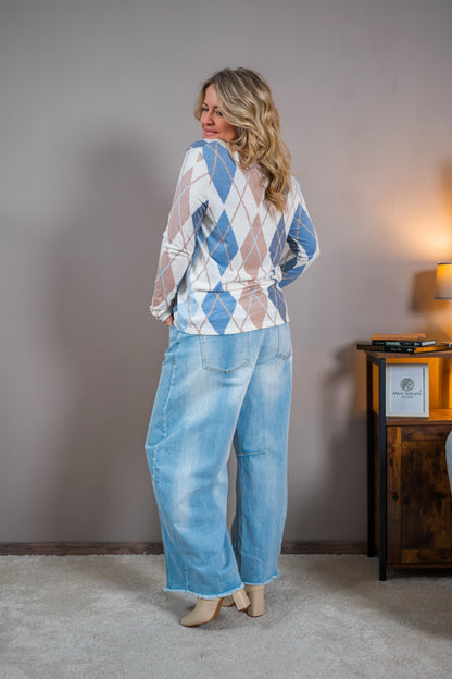 Longsleeve mit Rautenmuster, creme/taupe/blau