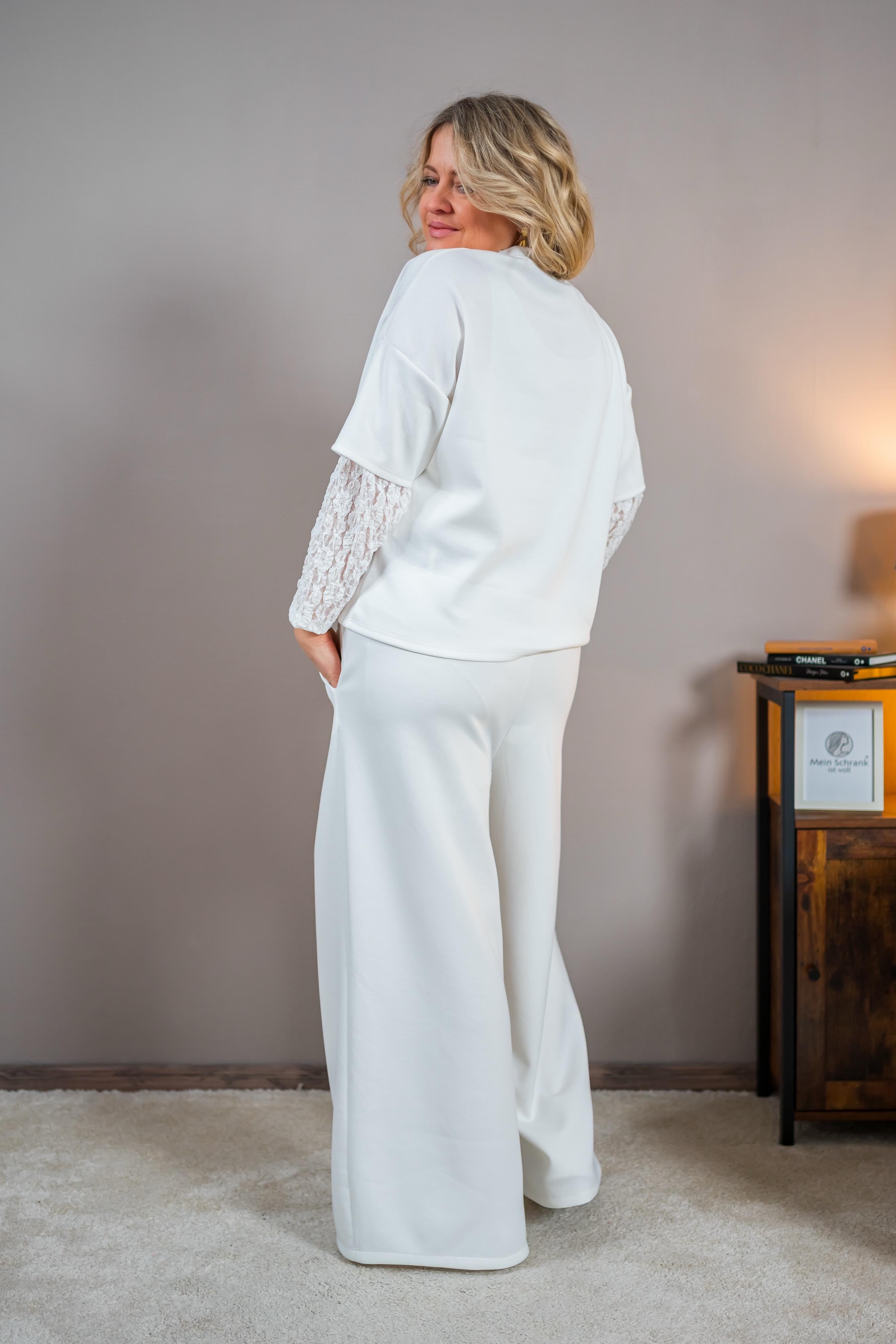 Sweatshirt mit Spitzenärmeln, weiß