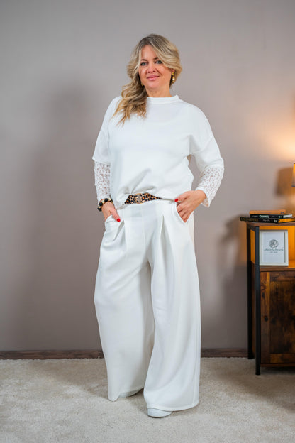 Sweatshirt mit Spitzenärmeln, weiß