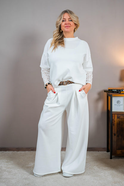 Sweatshirt mit Spitzenärmeln, weiß