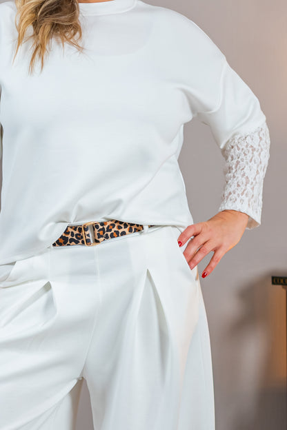 Sweatshirt mit Spitzenärmeln, weiß