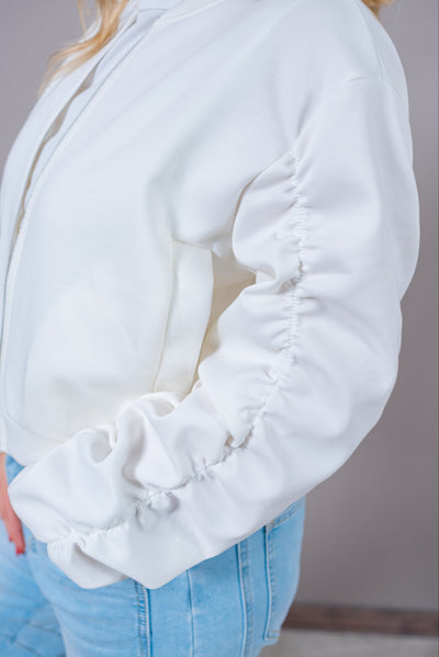 Sweat-Blousonjacke mit gerafften Ärmeln, off-white