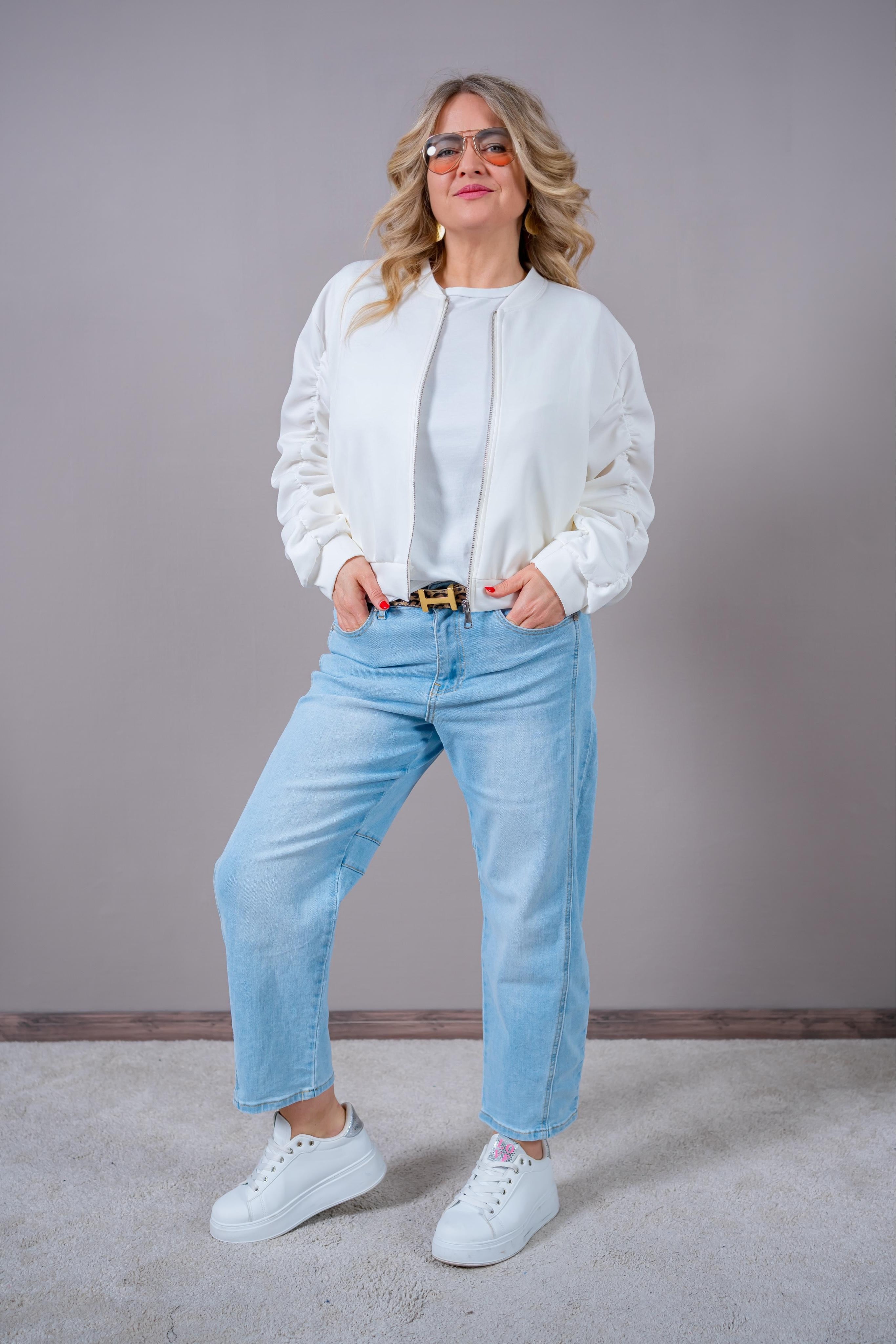Sweat-Blousonjacke mit gerafften Ärmeln, off-white