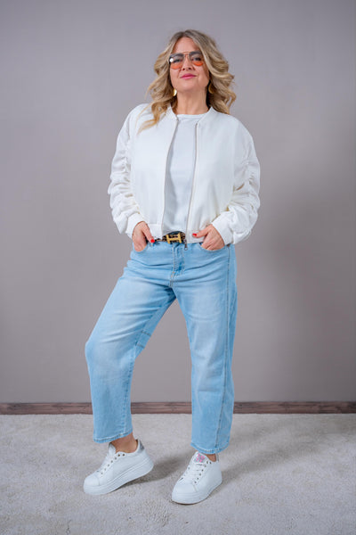 Sweat-Blousonjacke mit gerafften Ärmeln, off-white
