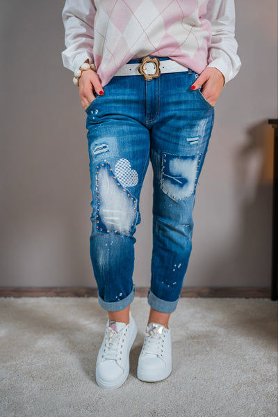 Jeans im Destroyed-Look mit Nieten, blau