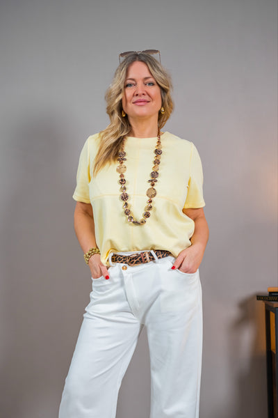 Stylisches Kurzarm-Shirt in Velourslederoptik, gelb