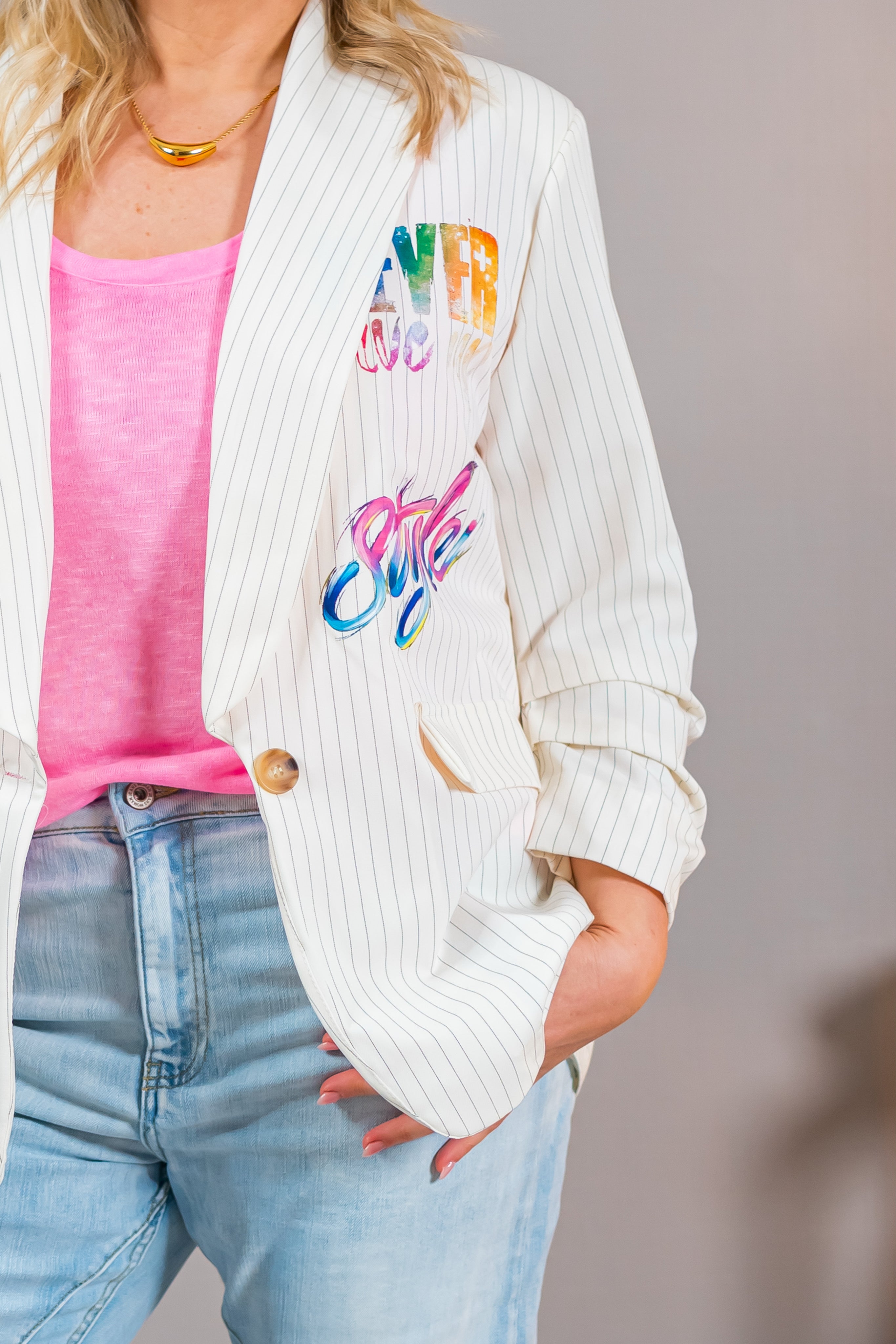 Fashion-Blazer mit Print und Streifen, ecru