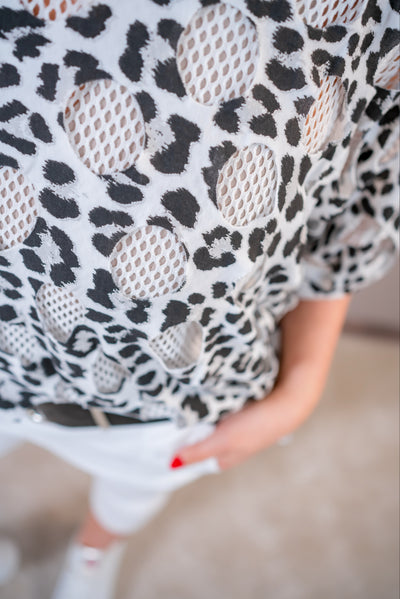 Oversize Bluse Leoprint mit Netz-Einsätzen, schwarz/weiß