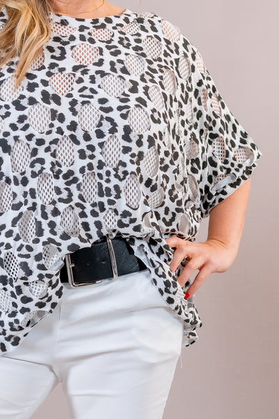 Oversize Bluse Leoprint mit Netz-Einsätzen, schwarz/weiß