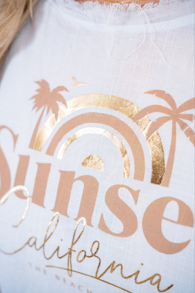 T-Shirt mit Netz-Details und Print, weiß/gold