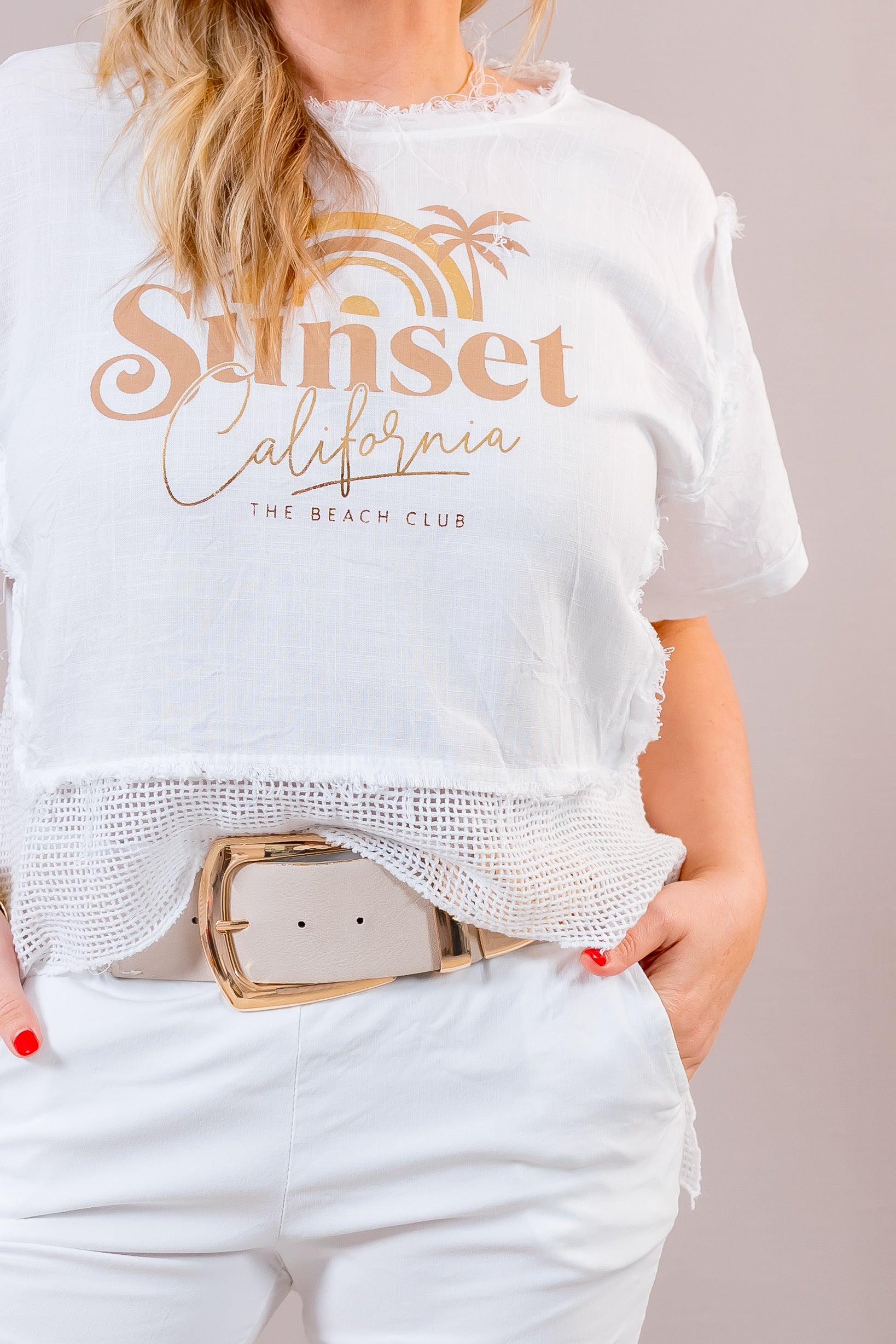 T-Shirt mit Netz-Details und Print, weiß/gold