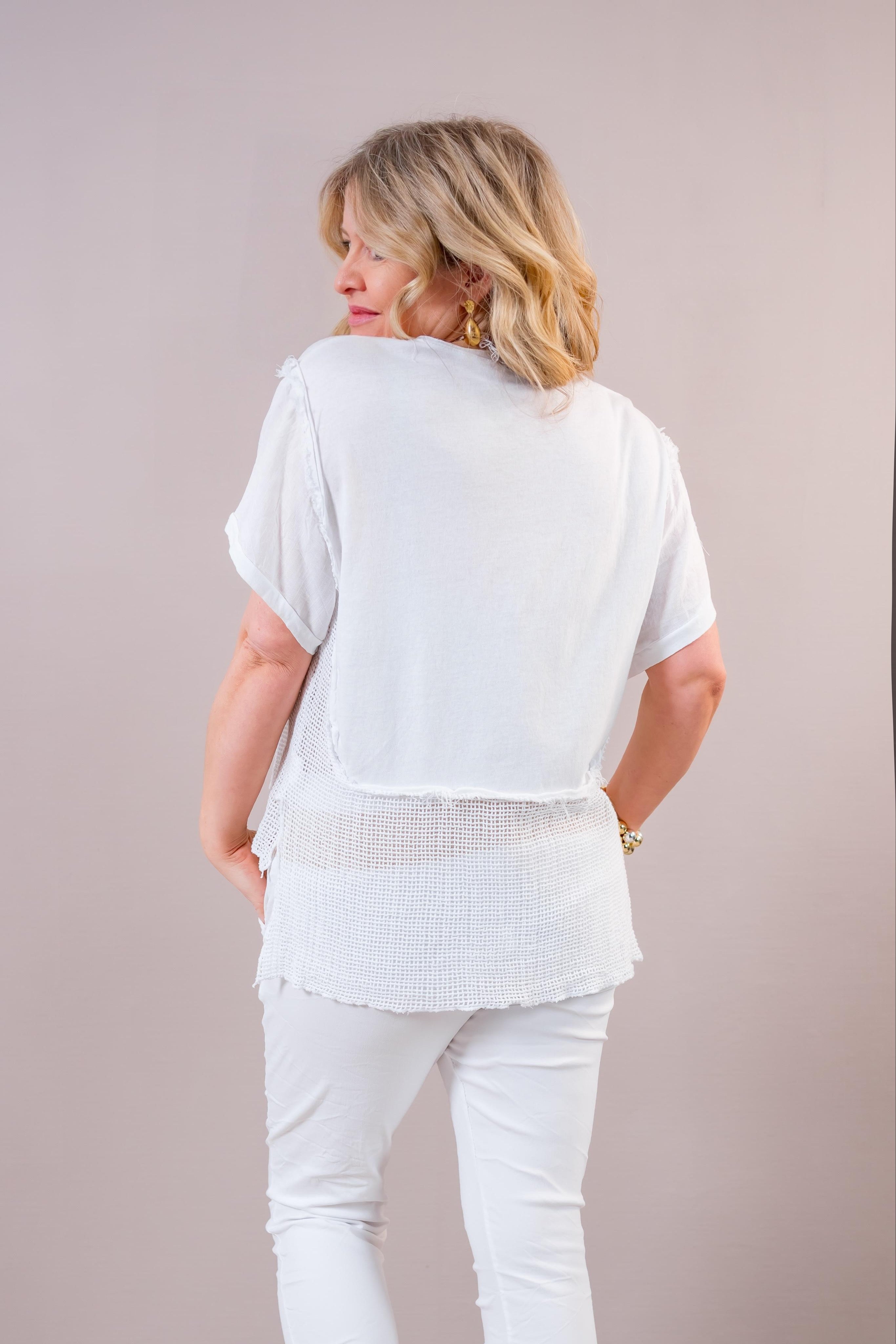 T-Shirt mit Netz-Details und Print, weiß/gold
