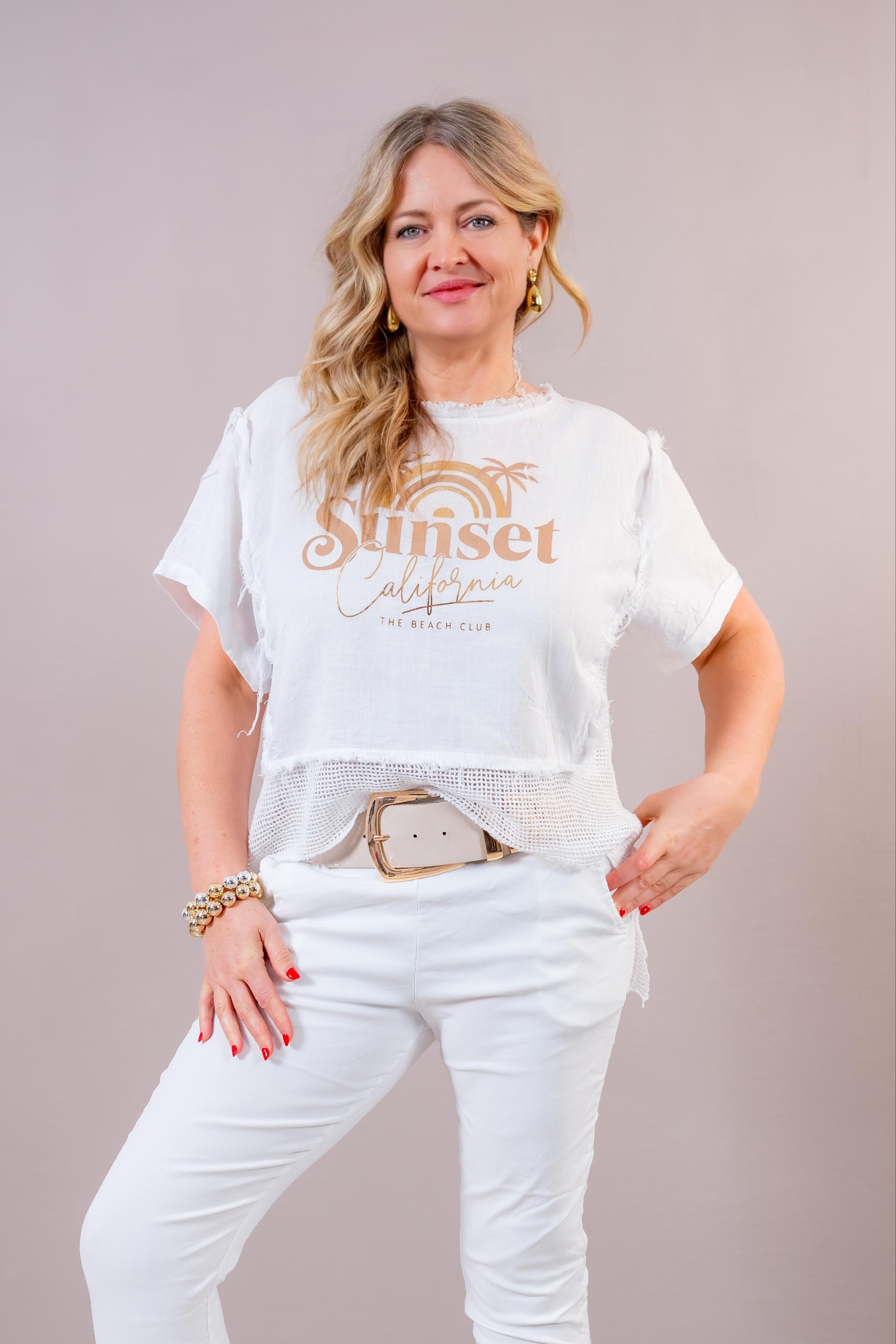 T-Shirt mit Netz-Details und Print, weiß/gold