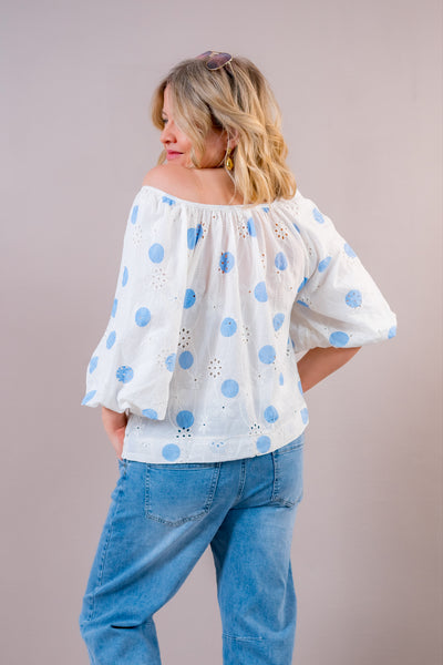 Bluse mit floralem Muster und Punkten, creme/blau