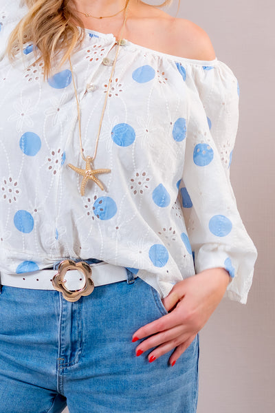 Bluse mit floralem Muster und Punkten, creme/blau