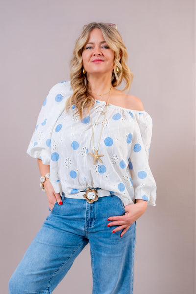 Bluse mit floralem Muster und Punkten, creme/blau
