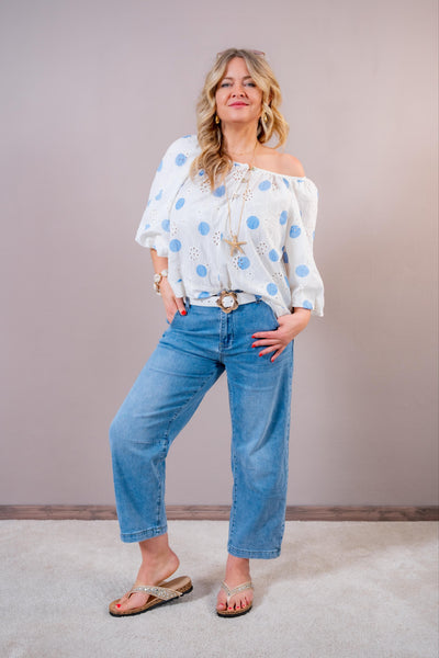 Bluse mit floralem Muster und Punkten, creme/blau