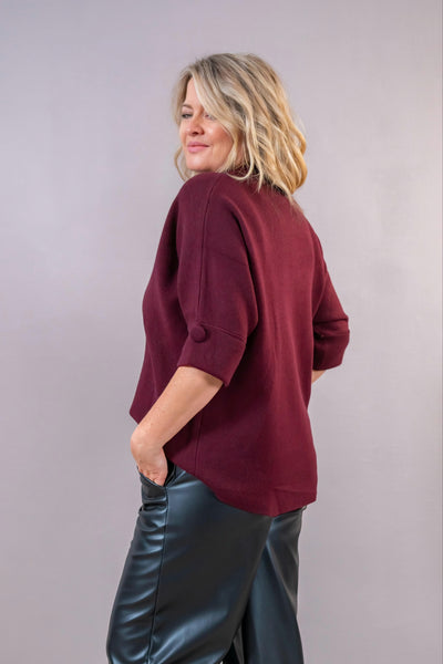 Oversize Feinstrickpullover mit 3/4-Ärmel, bordeaux