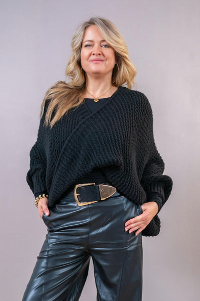 Oversize Wickel-Strickpullover, schwarz