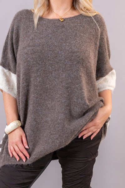 Oversize Strickpullover mit Streifen-Rückseite, taupe/creme