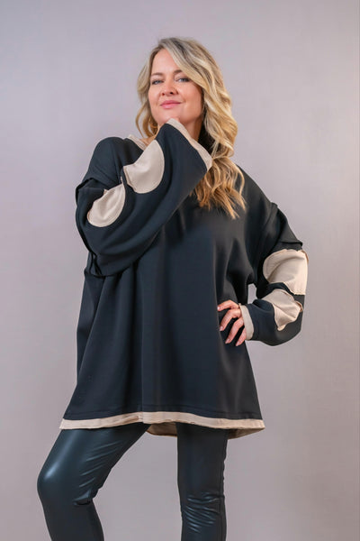 Oversize Sweatshirt mit Herz-Applikationen, schwarz/beige