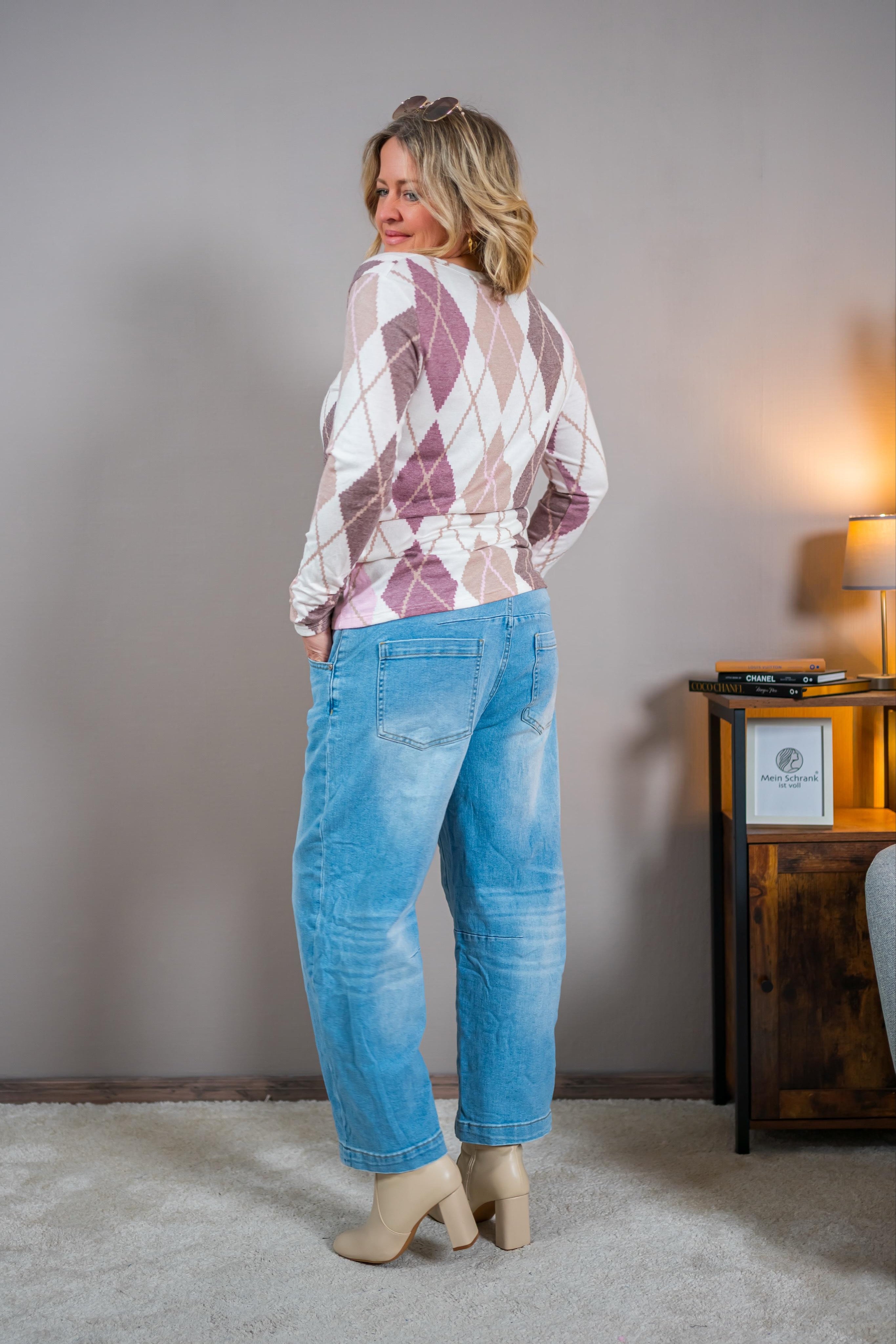 Longsleeve mit Rautenmuster, creme/taupe/lila/rosa