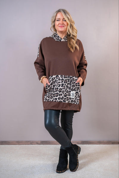 Oversize Long-Sweater mit Kapuze, braun/leo